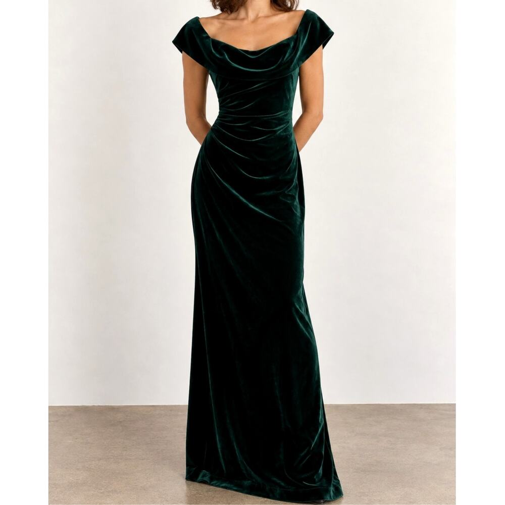 Xscape Velvet Maxi Dress Size 6 Emerald Green Off Shoulder Ruched Formal Gown